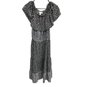 Michael Kors Black White Animal Print Maxi Dress Ruffle Off Shoulder Size S